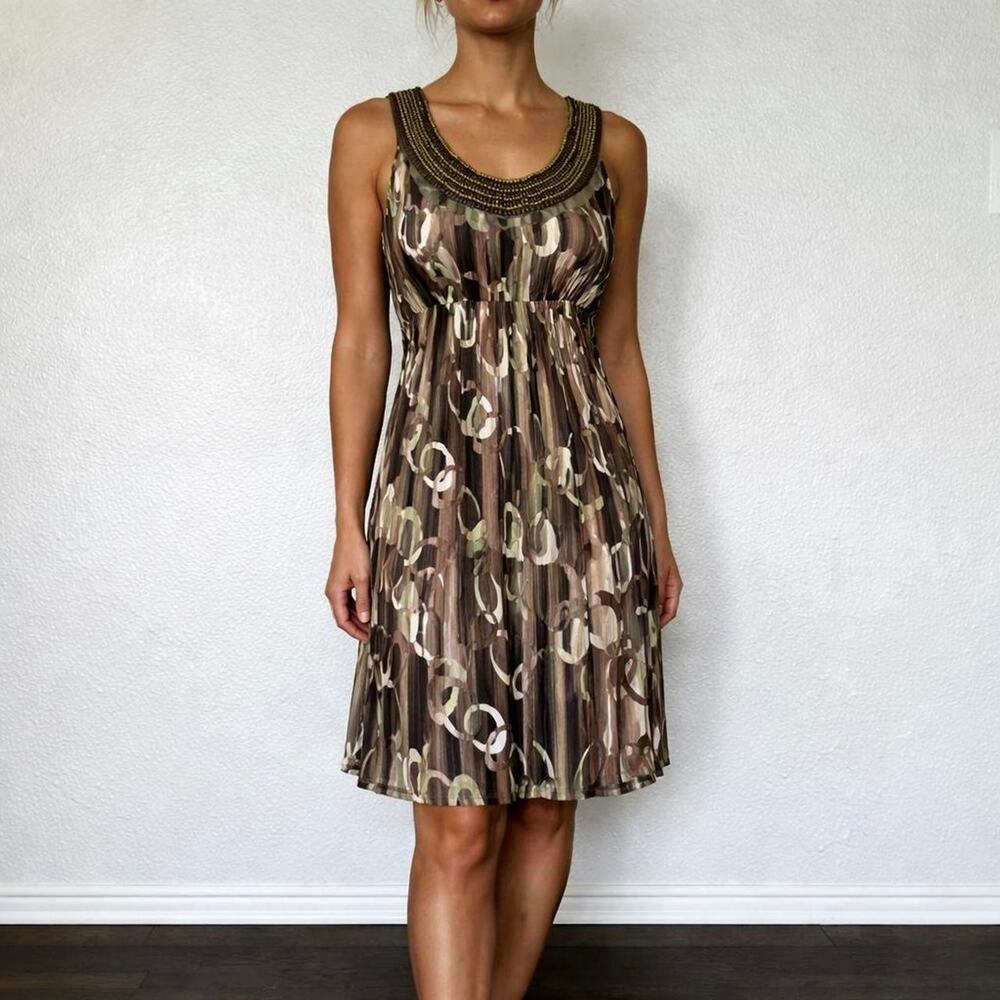 Vintage Y2K European Earthy Abstract Boho Beaded Neckline Midi Dress Size S USA